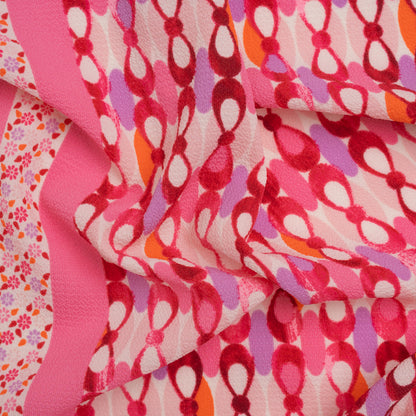 Stretch Puckered Polyester Crepe - Bubblegum Pink, Lavender and Magenta Rows of Bows and Floral Stripe Border - Designer Deadstock