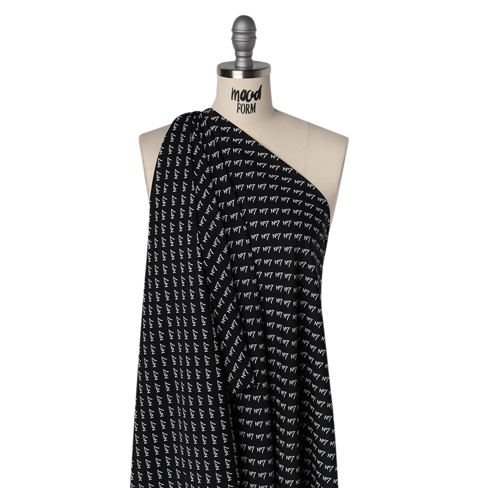 Polyester Woven Lining - Black and White No7 Typography Print - Designer Deadstock - Drape