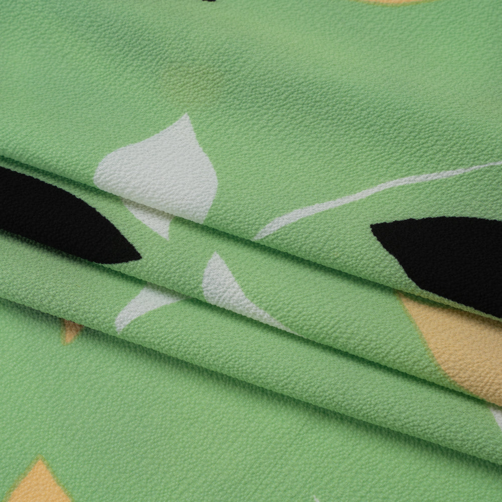 Puckered Stretch Polyester Crepe Print - Summer Green, Black and Beige Simple Flowers - Designer Deadstock - Folded