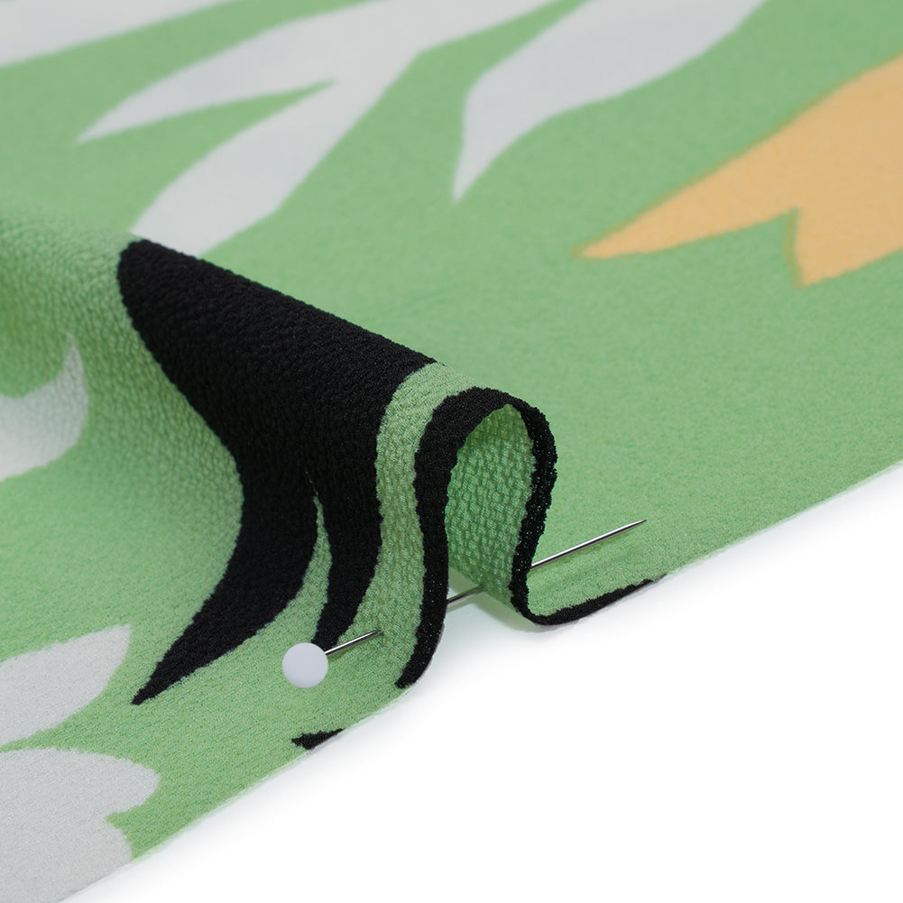 Puckered Stretch Polyester Crepe Print - Summer Green, Black and Beige Simple Flowers - Designer Deadstock - Detail
