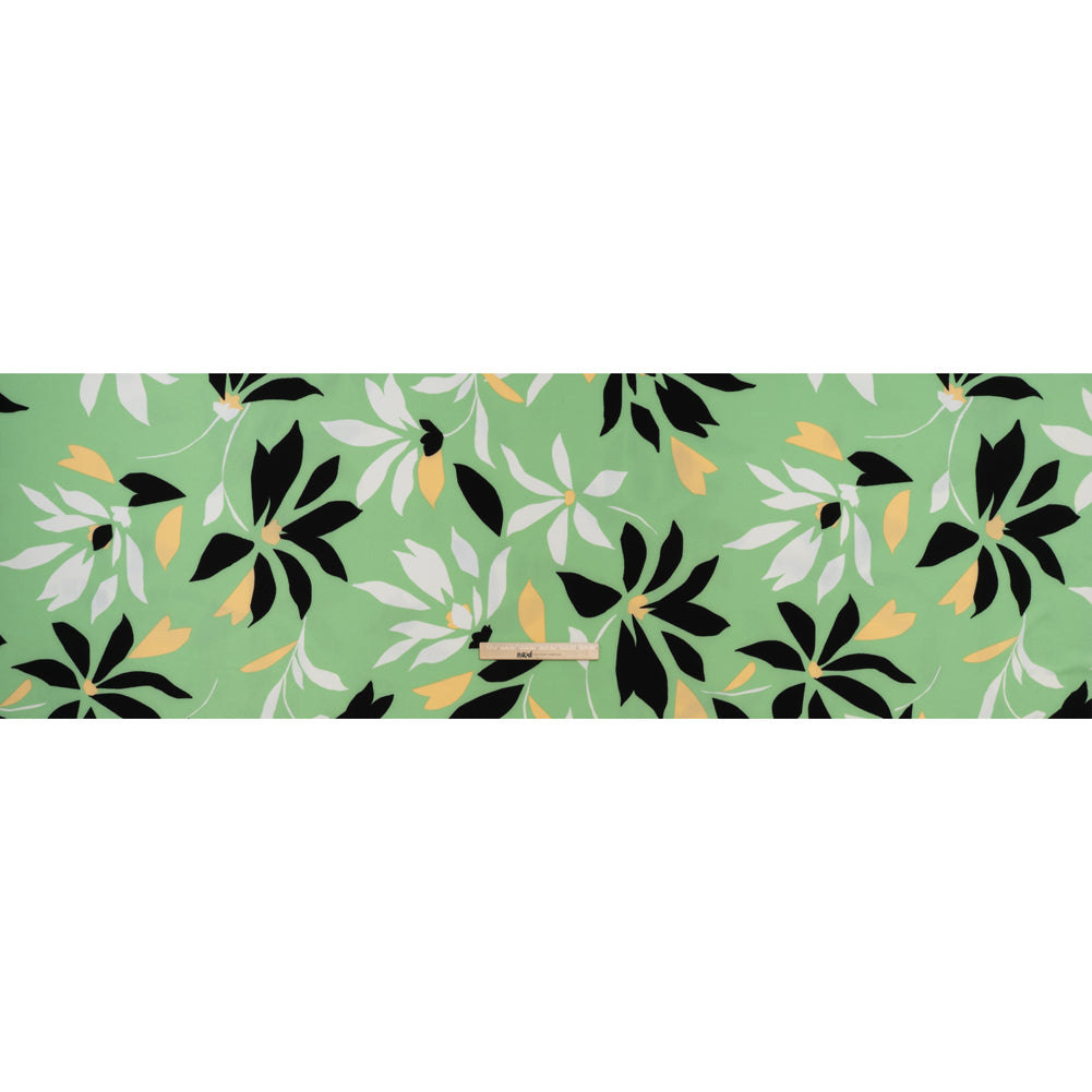 Puckered Stretch Polyester Crepe Print - Summer Green, Black and Beige Simple Flowers - Designer Deadstock - Full