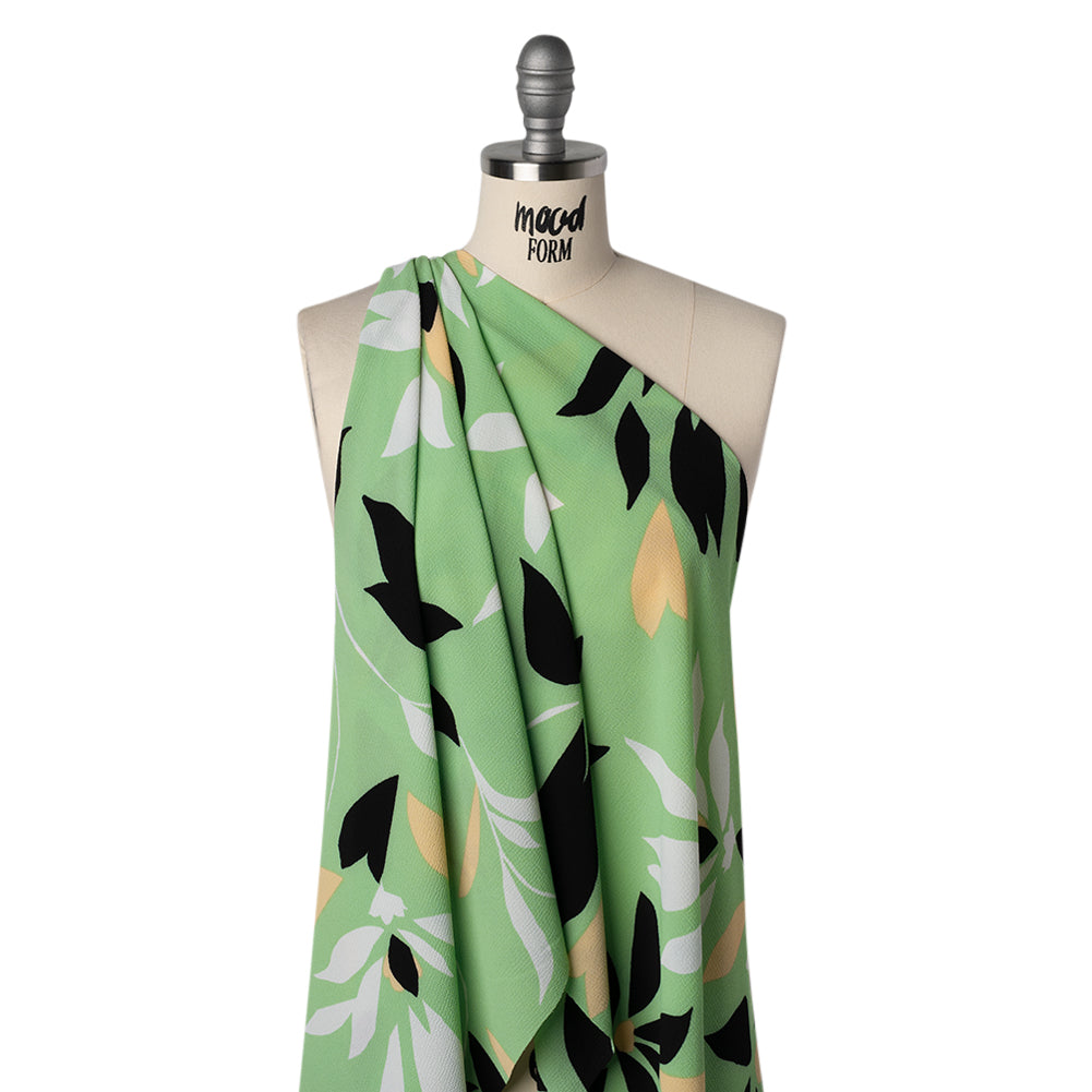 Puckered Stretch Polyester Crepe Print - Summer Green, Black and Beige Simple Flowers - Designer Deadstock - Drape