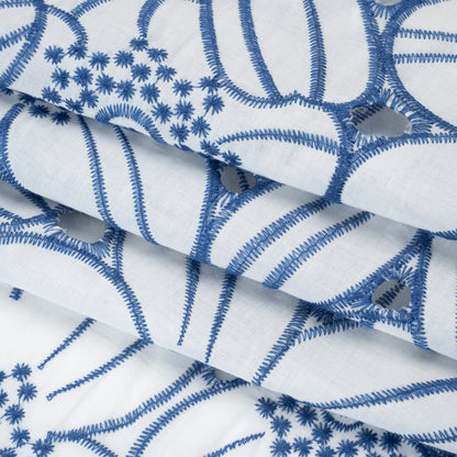 Embroidered Eyelet Cotton Voile with Scalloped Edges - Country Blue and White Florals - Designer Deadstock