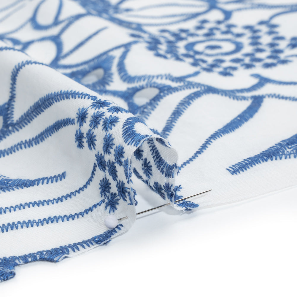 Embroidered Eyelet Cotton Voile with Scalloped Edges - Country Blue and White Florals - Designer Deadstock - Detail