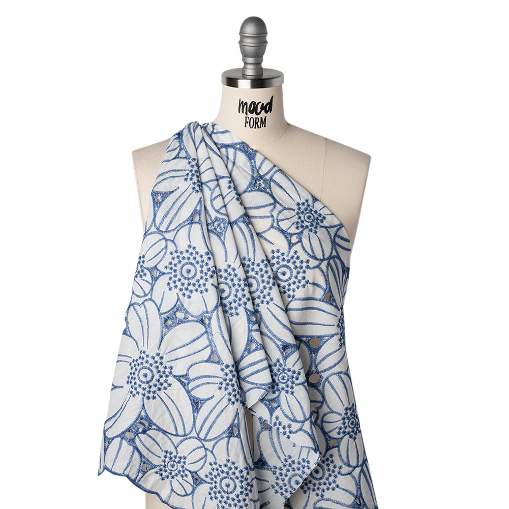 Embroidered Eyelet Cotton Voile with Scalloped Edges - Country Blue and White Florals - Designer Deadstock - Drape