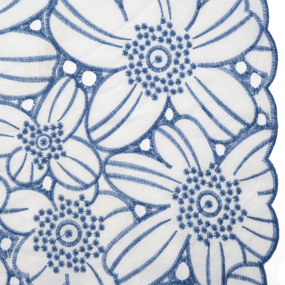 Embroidered Eyelet Cotton Voile with Scalloped Edges - Country Blue and White Florals - Designer Deadstock