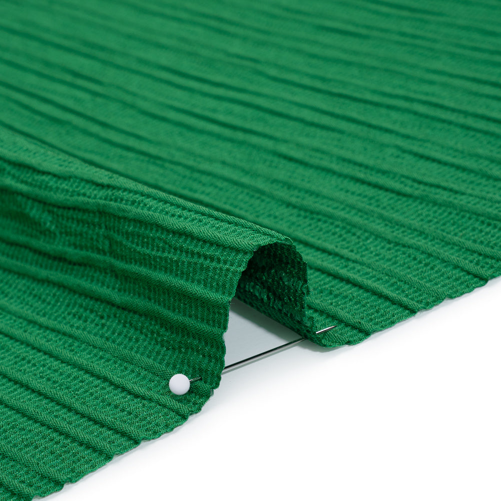 Textured Polyester and Rayon Woven with Faux Pintucks - Kelly Green Stripes - Designer Deadstock - Detail