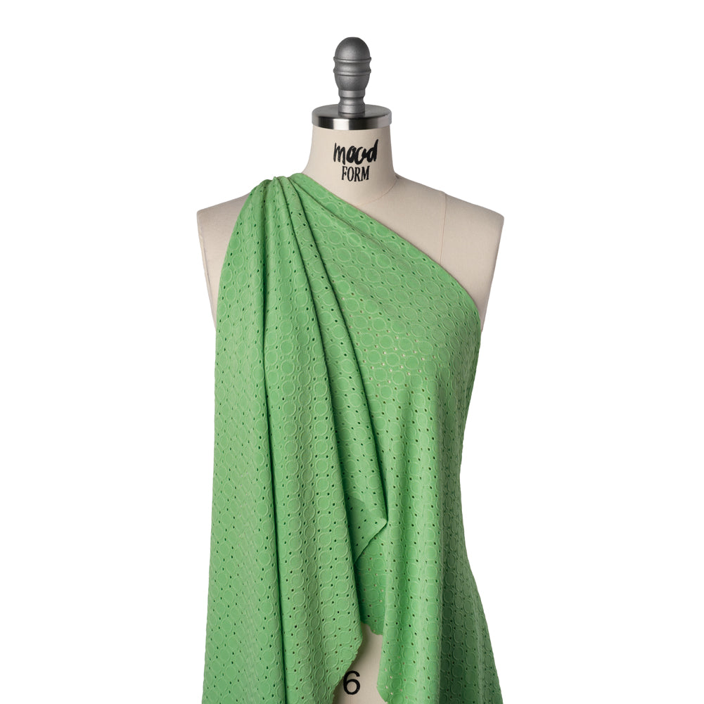 Stretch Polyester Eyelet Jersey - Absinthe Green Circles and Dots - Designer Deadstock - Drape