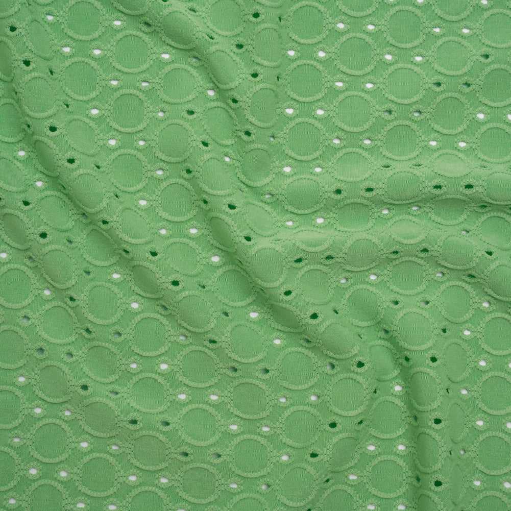 Stretch Polyester Eyelet Jersey - Absinthe Green Circles and Dots - Designer Deadstock