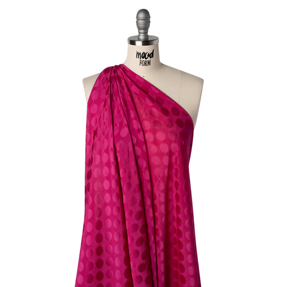 Crinkled Polyester Satin-Face Chiffon Jacquard - Fuchsia Polka Dots - Designer Deadstock - Drape
