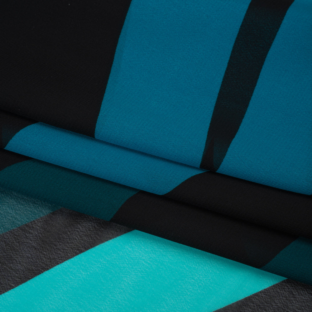 Polyester Chiffon Print - Green, Blue and Black Abstract - Designer Deadstock - Folded