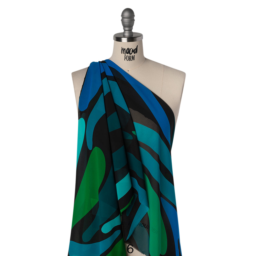 Polyester Chiffon Print - Green, Blue and Black Abstract - Designer Deadstock - Drape