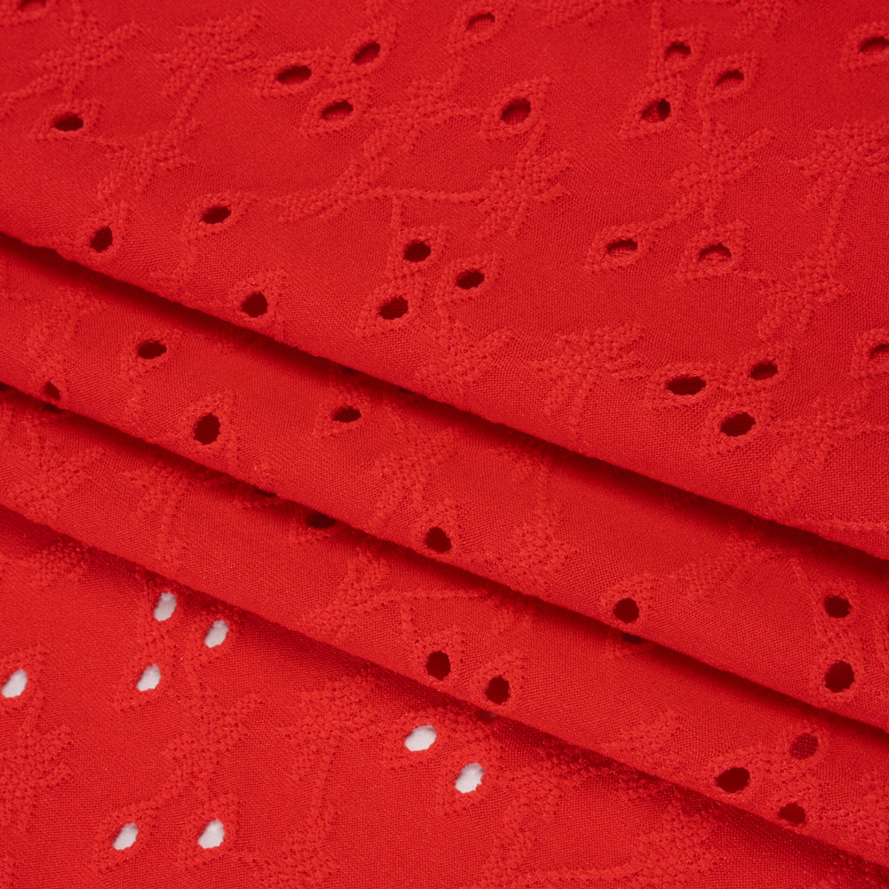 Stretch Polyester Eyelet Jersey - Coral Red Tiny Flower Vines - Designer Deadstock - Folded