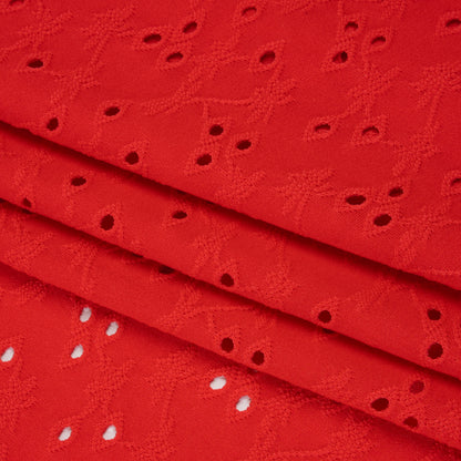 Stretch Polyester Eyelet Jersey - Coral Red Tiny Flower Vines - Designer Deadstock
