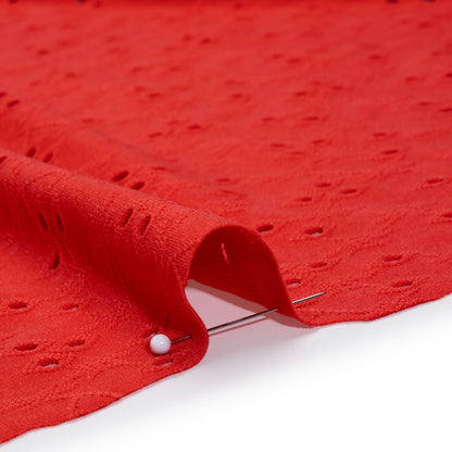 Stretch Polyester Eyelet Jersey - Coral Red Tiny Flower Vines - Designer Deadstock