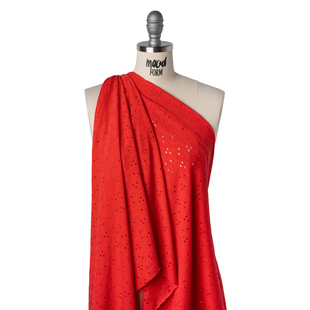 Stretch Polyester Eyelet Jersey - Coral Red Tiny Flower Vines - Designer Deadstock - Drape