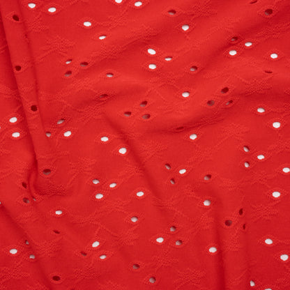 Stretch Polyester Eyelet Jersey - Coral Red Tiny Flower Vines - Designer Deadstock