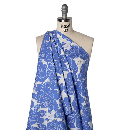 Stretch Cotton Shirting Print - French Blue and White Roses - Designer Deadstock