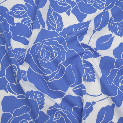 Stretch Cotton Shirting Print - French Blue and White Roses - Designer Deadstock