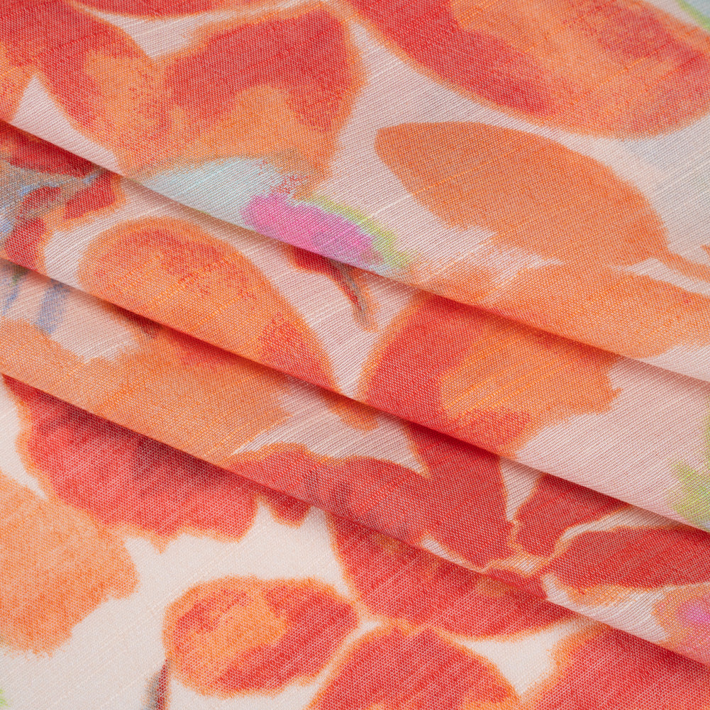 Textured Gauzy Rayon and Polyester Woven Print - Orange, Coral and Blue Painterly Florals - Designer Deadstock - Folded