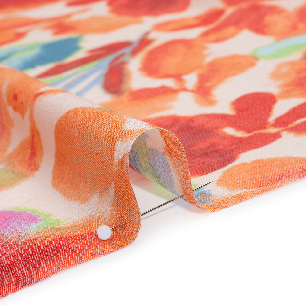 Textured Gauzy Rayon and Polyester Woven Print - Orange, Coral and Blue Painterly Florals - Designer Deadstock - Detail