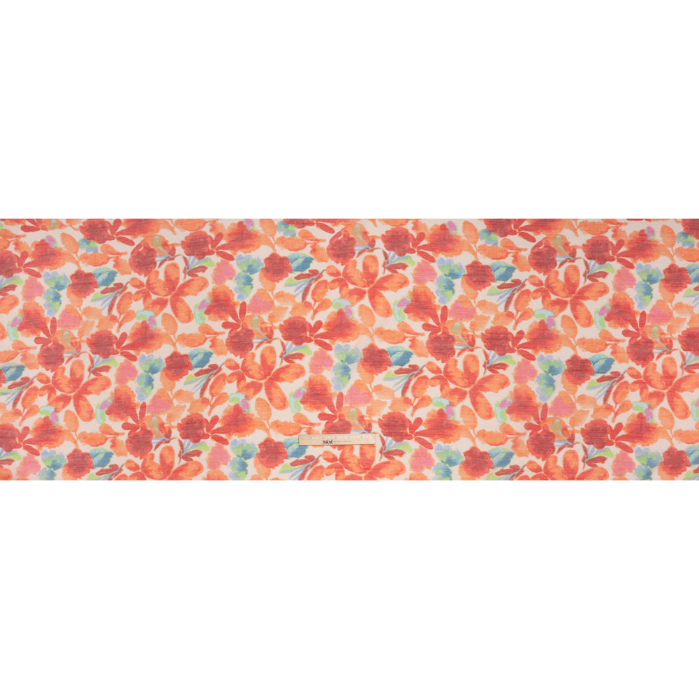 Textured Gauzy Rayon and Polyester Woven Print - Orange, Coral and Blue Painterly Florals - Designer Deadstock - Full