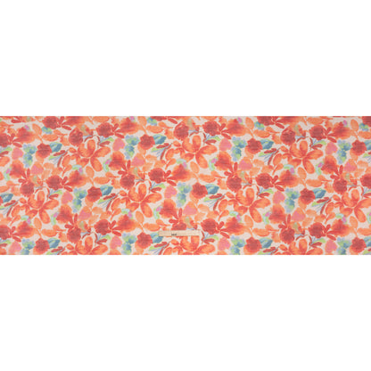 Textured Gauzy Rayon and Polyester Woven Print - Orange, Coral and Blue Painterly Florals - Designer Deadstock
