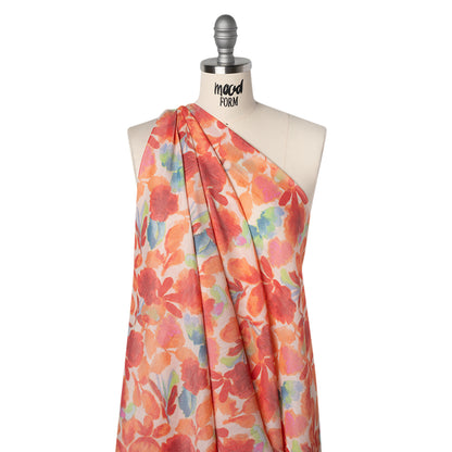 Textured Gauzy Rayon and Polyester Woven Print - Orange, Coral and Blue Painterly Florals - Designer Deadstock