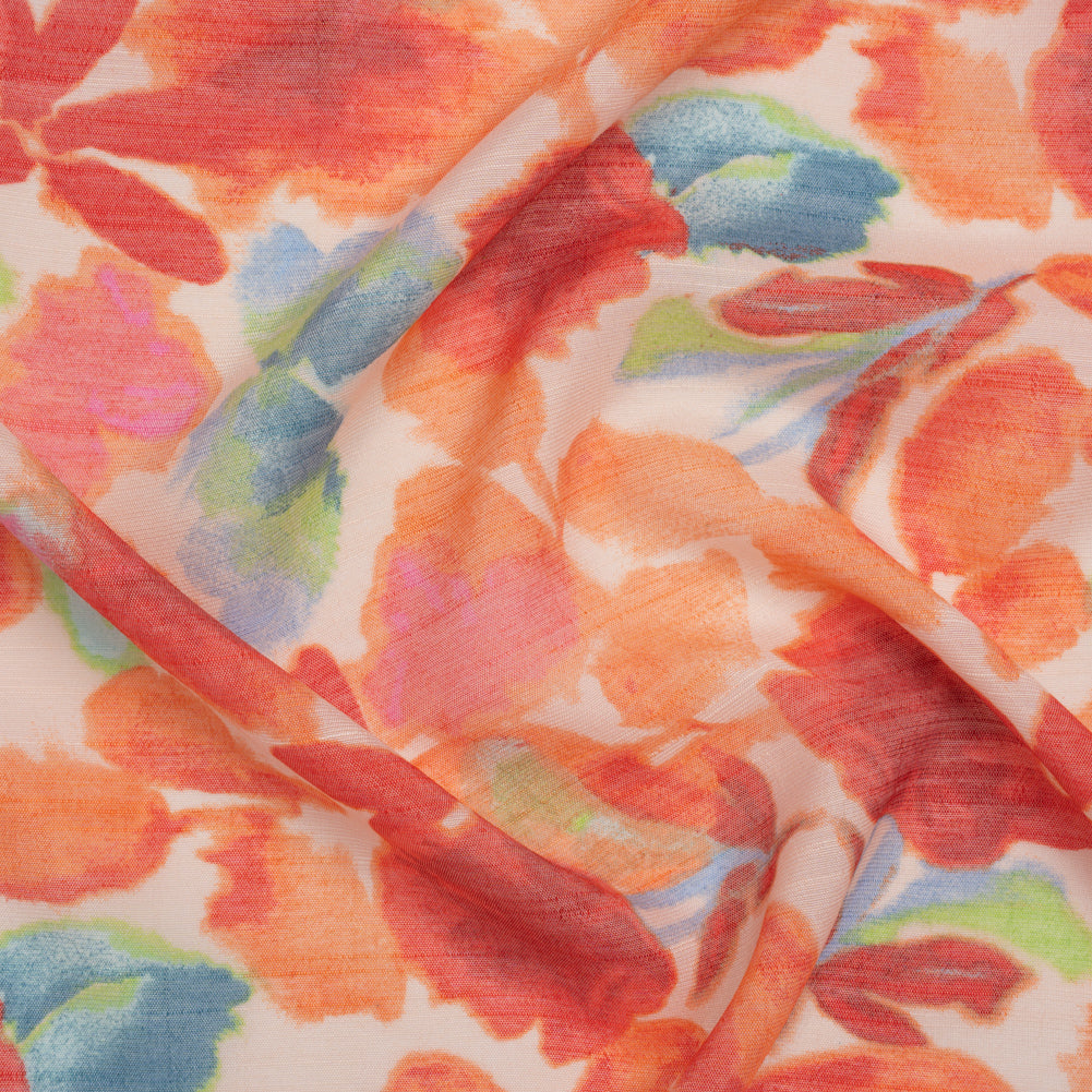 Textured Gauzy Rayon and Polyester Woven Print - Orange, Coral and Blue Painterly Florals - Designer Deadstock