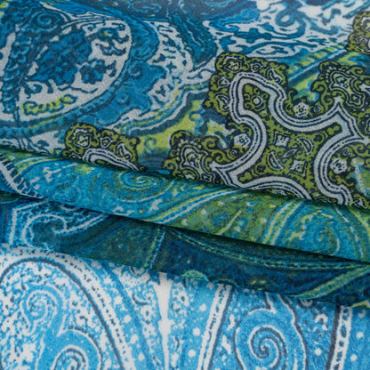 Polyester Chiffon Print - Blue and Green Paisley Patchwork - Designer Deadstock