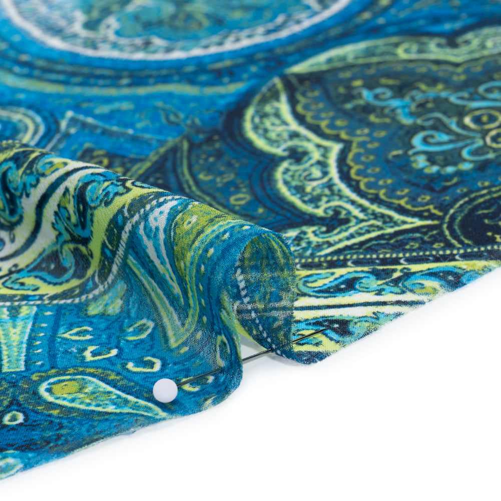 Polyester Chiffon Print - Blue and Green Paisley Patchwork - Designer Deadstock - Detail