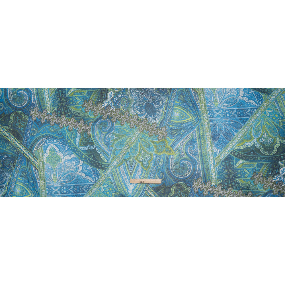 Polyester Chiffon Print - Blue and Green Paisley Patchwork - Designer Deadstock - Full