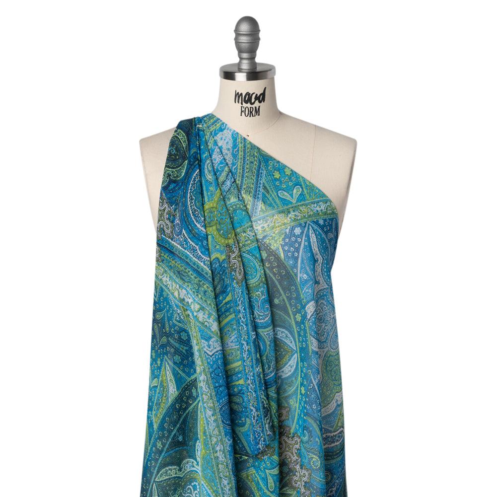 Polyester Chiffon Print - Blue and Green Paisley Patchwork - Designer Deadstock - Drape