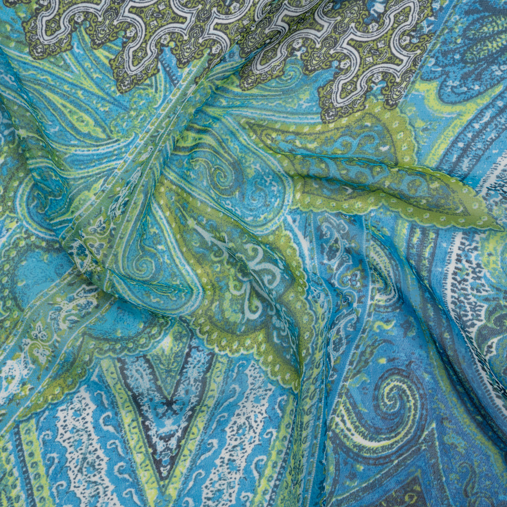 Polyester Chiffon Print - Blue and Green Paisley Patchwork - Designer Deadstock