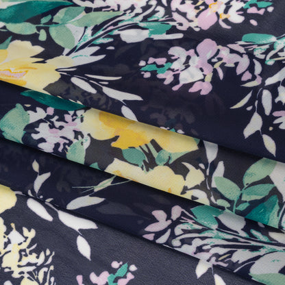Polyester Chiffon Print - Navy Blue, Yellow and Green Rose Bouquets - Designer Deadstock