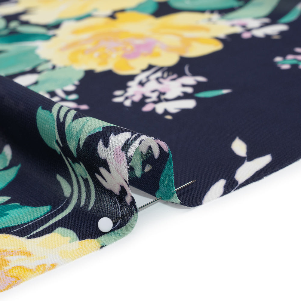 Polyester Chiffon Print - Navy Blue, Yellow and Green Rose Bouquets - Designer Deadstock - Detail