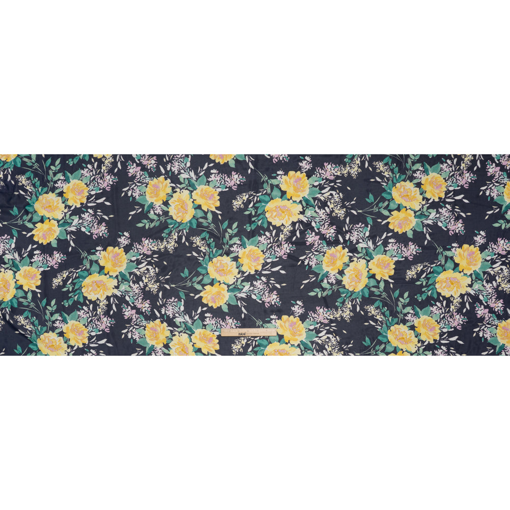Polyester Chiffon Print - Navy Blue, Yellow and Green Rose Bouquets - Designer Deadstock - Full