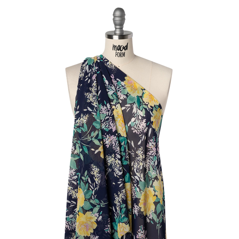 Polyester Chiffon Print - Navy Blue, Yellow and Green Rose Bouquets - Designer Deadstock - Drape