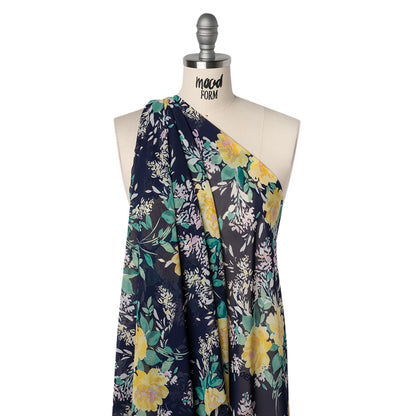 Polyester Chiffon Print - Navy Blue, Yellow and Green Rose Bouquets - Designer Deadstock