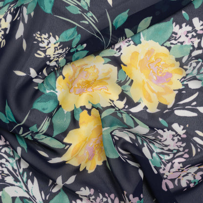 Polyester Chiffon Print - Navy Blue, Yellow and Green Rose Bouquets - Designer Deadstock