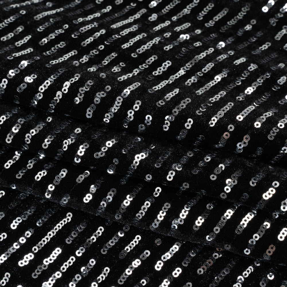 Polyester Velour with Sequins - Black and Silver Broken Stripes - Designer Deadstock Folded