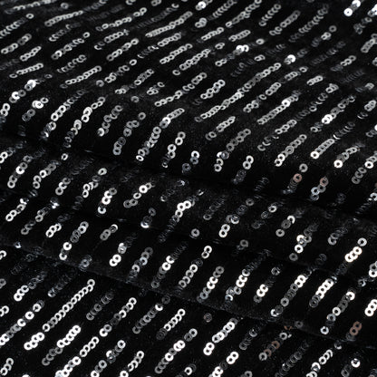 Polyester Velour with Sequins - Black and Silver Broken Stripes - Designer Deadstock Folded