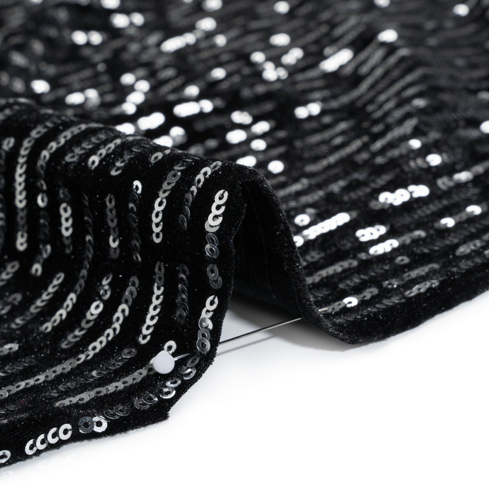 Polyester Velour with Sequins - Black and Silver Broken Stripes - Designer Deadstock Detail