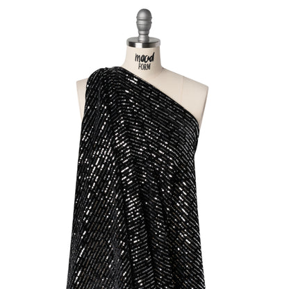 Polyester Velour with Sequins - Black and Silver Broken Stripes - Designer Deadstock Drape