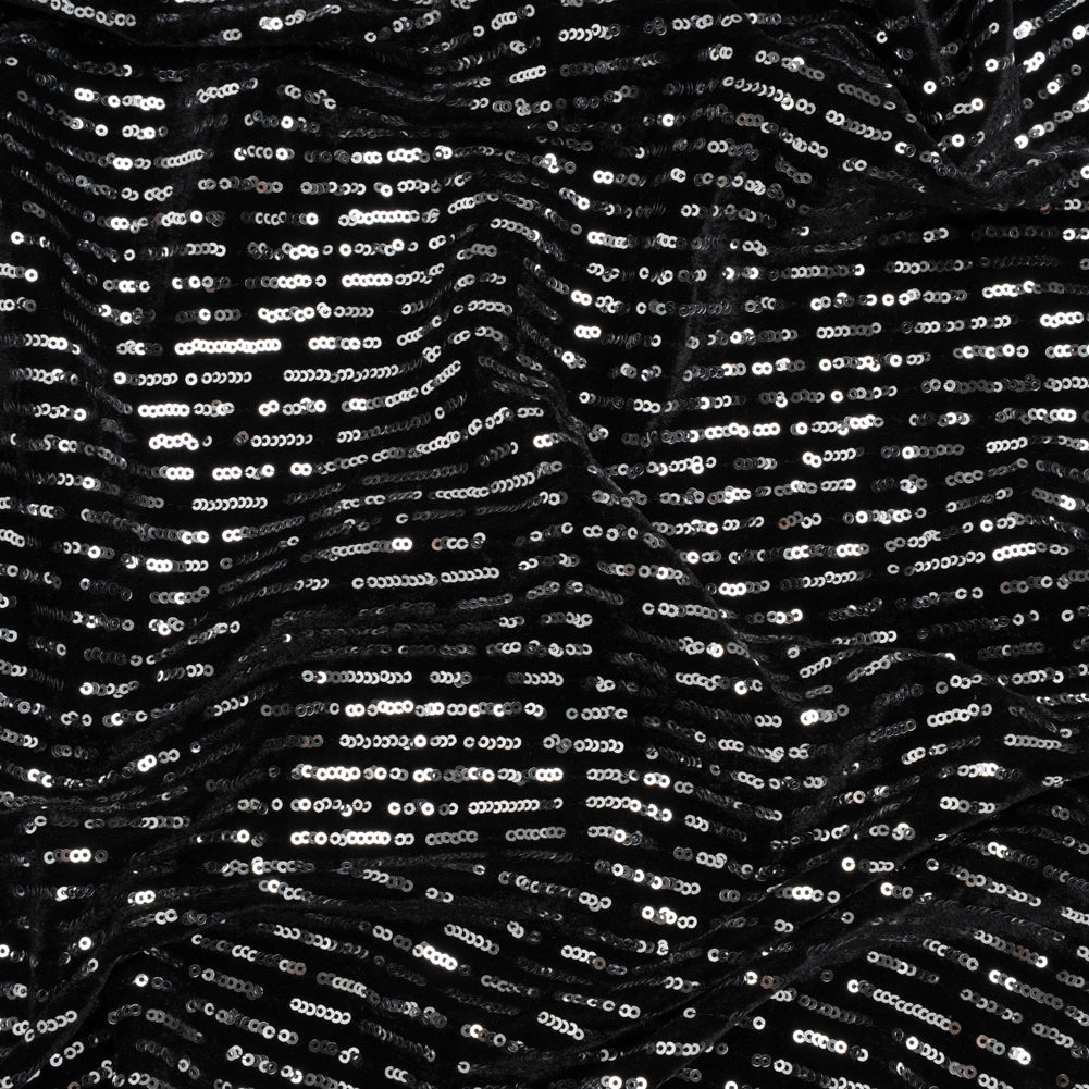 Polyester Velour with Sequins - Black and Silver Broken Stripes - Designer Deadstock