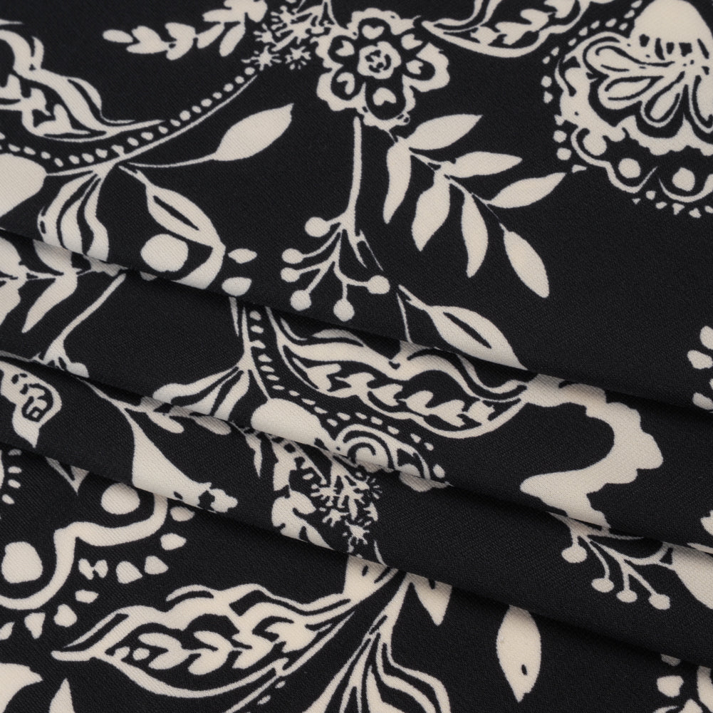 Stretch Polyester Tricot Print - Black and Cream Jacobean Florals - Designer Deadstock - Folded