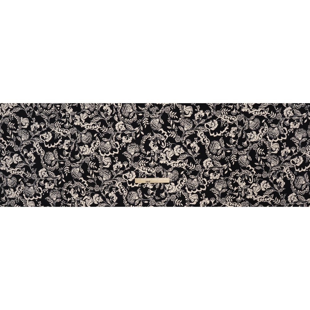 Stretch Polyester Tricot Print - Black and Cream Jacobean Florals - Designer Deadstock - Full