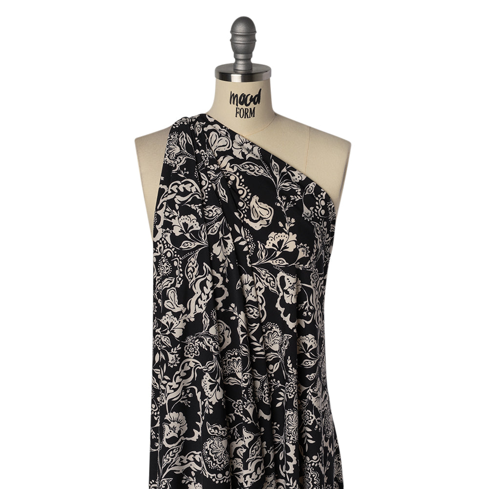 Stretch Polyester Tricot Print - Black and Cream Jacobean Florals - Designer Deadstock - Drape