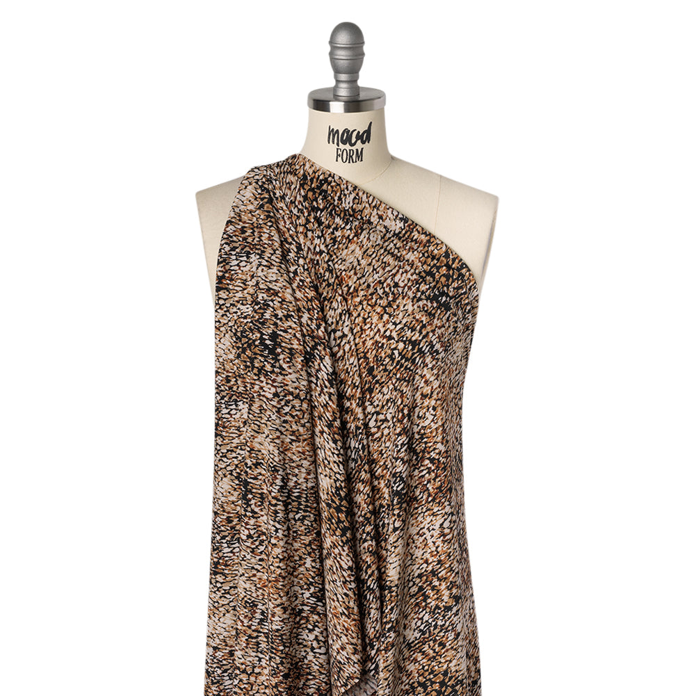 Stretch Polyester Tricot Print - Beige, Brown and Black Abstract Spots - Designer Deadstock - Drape