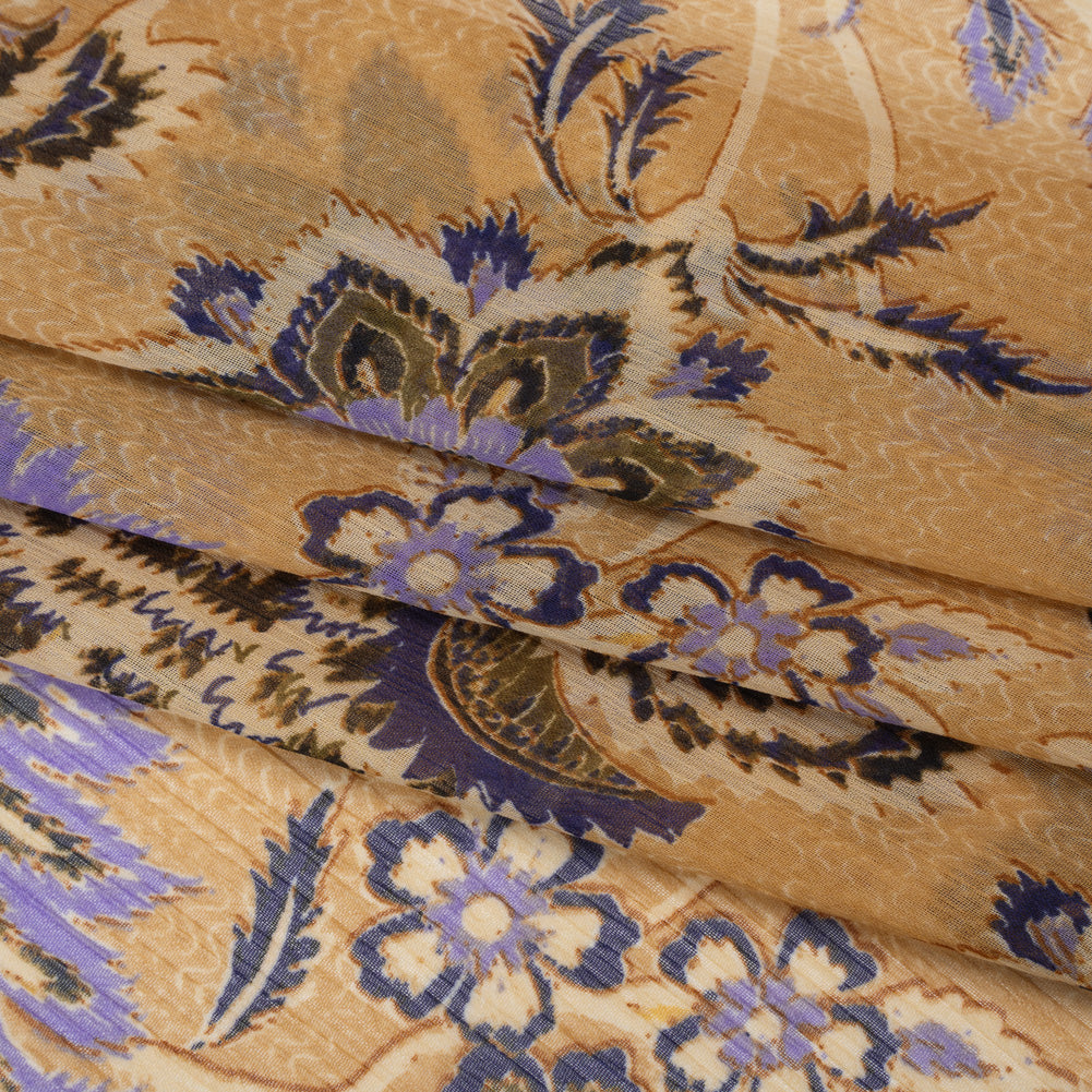 Crinkled Polyester Chiffon Print - Gilded Beige, Lavender and Dark Blue Jacobean Floral - Designer Deadstock - Folded